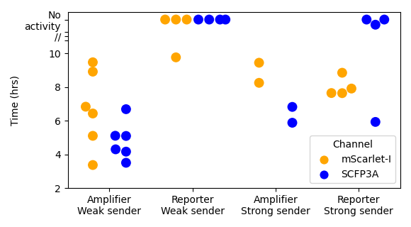 Initiation time is the duration from beginning of experiment to first threshold-crossing event from amplifier cells. These plots show initation time values calculated for each consortium and fluorescence channels. mScarlet-I fluorescence indicates repressor expression and SCFP3A indicates synthase expression. In the “Reporter/Strong sender” condition, there is a data point showing a SCFP3A threshold-crossing event at roughly 6 hours. This is the result of a putative mutant microcolony in the amplifier strain that resulted in persistent SCFP3A expression. The fact that only one such microcolony was observed out of the many sender-reporter consortia replicates suggests this is a rare event.